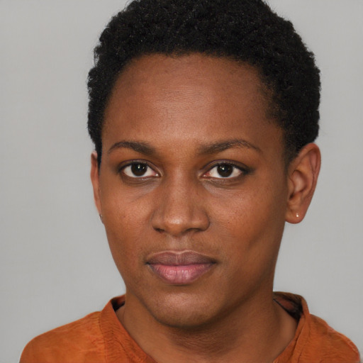 Neutral black young-adult female with short  black hair and brown eyes
