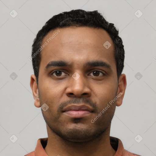 Neutral latino young-adult male with short  black hair and brown eyes