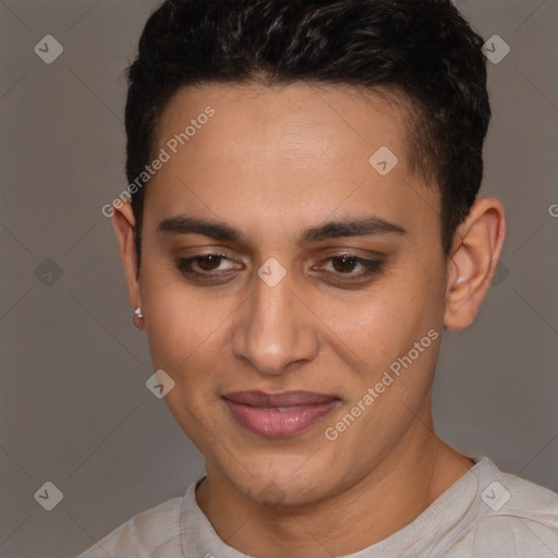 Joyful latino young-adult female with short  brown hair and brown eyes