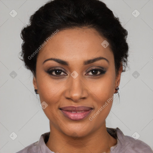 Joyful latino young-adult female with short  black hair and brown eyes