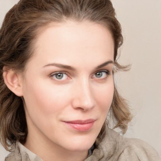 Neutral white young-adult female with medium  brown hair and grey eyes