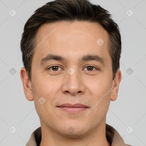 Joyful white young-adult male with short  brown hair and brown eyes