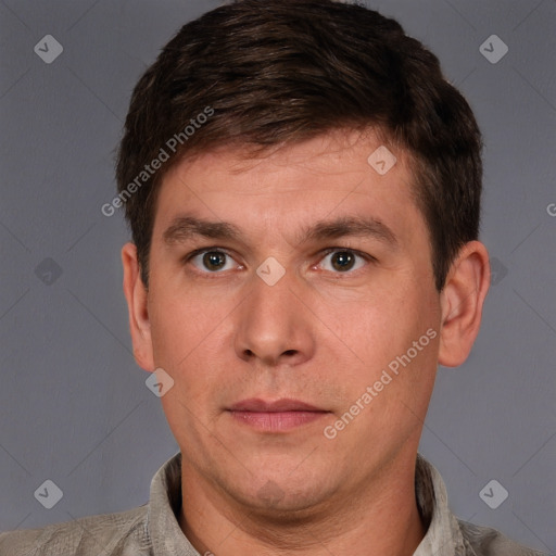 Neutral white adult male with short  brown hair and brown eyes