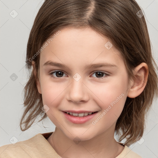 Joyful white child female with medium  brown hair and brown eyes