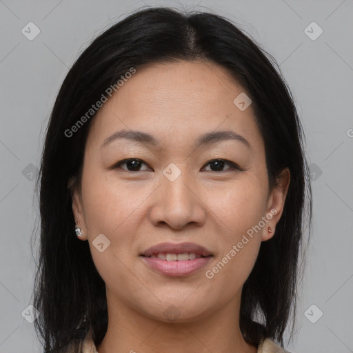 Joyful asian young-adult female with medium  brown hair and brown eyes