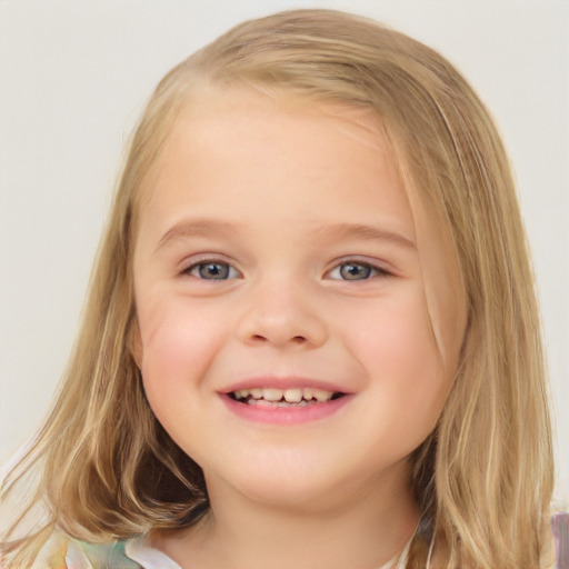 Joyful white child female with medium  brown hair and blue eyes