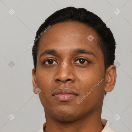 Neutral black young-adult male with short  black hair and brown eyes