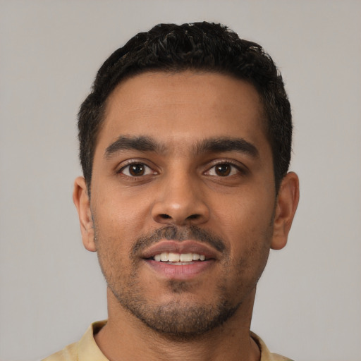 Neutral latino young-adult male with short  brown hair and brown eyes