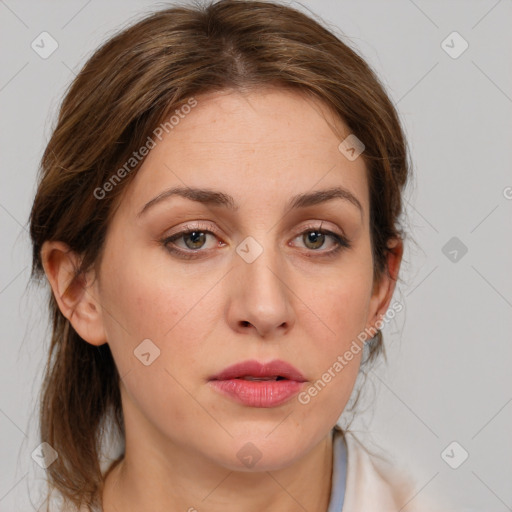 Neutral white young-adult female with medium  brown hair and blue eyes