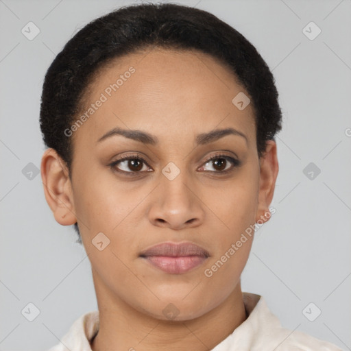 Joyful latino young-adult female with short  brown hair and brown eyes