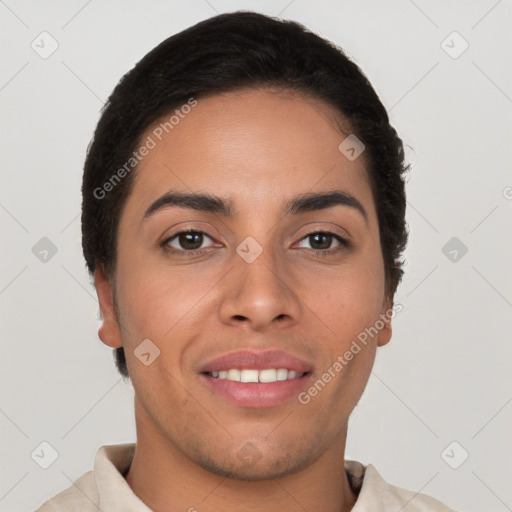 Joyful white young-adult female with short  brown hair and brown eyes