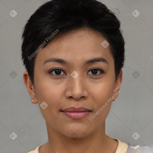 Joyful asian young-adult female with short  black hair and brown eyes