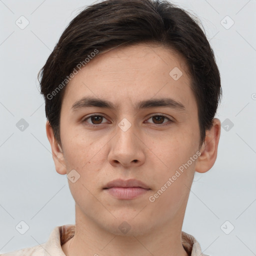 Neutral white young-adult male with short  brown hair and brown eyes