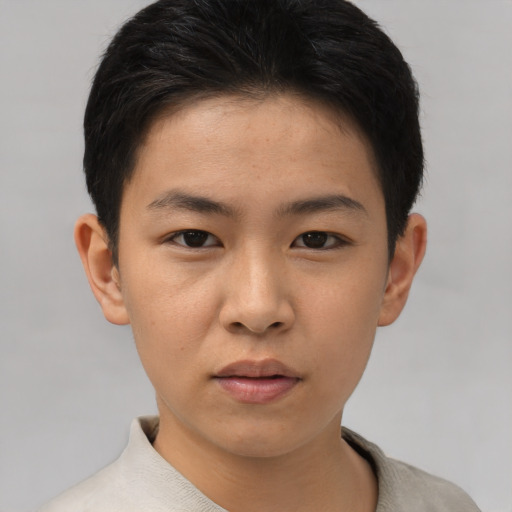 Neutral asian young-adult female with short  brown hair and brown eyes