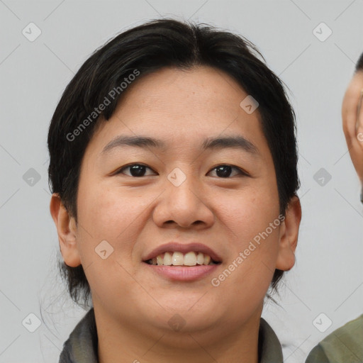 Joyful asian young-adult female with short  brown hair and brown eyes