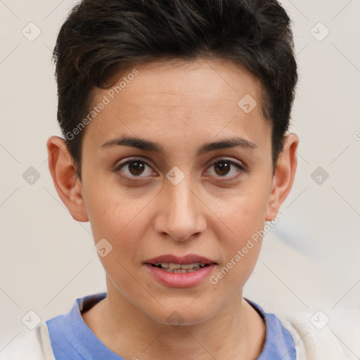 Joyful white young-adult female with short  brown hair and brown eyes