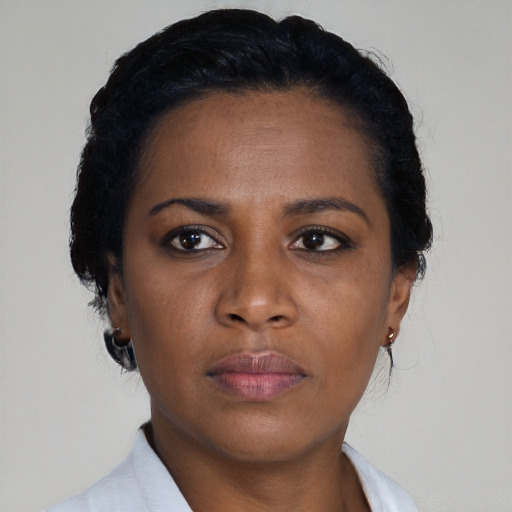 Neutral black young-adult female with short  black hair and brown eyes