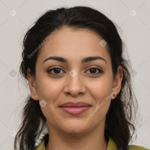 Joyful latino young-adult female with medium  brown hair and brown eyes