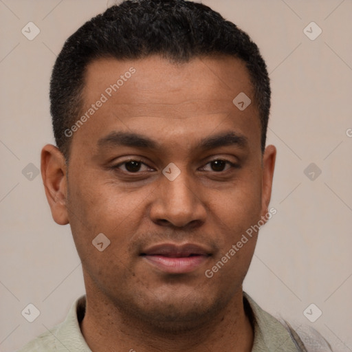 Neutral latino young-adult male with short  black hair and brown eyes