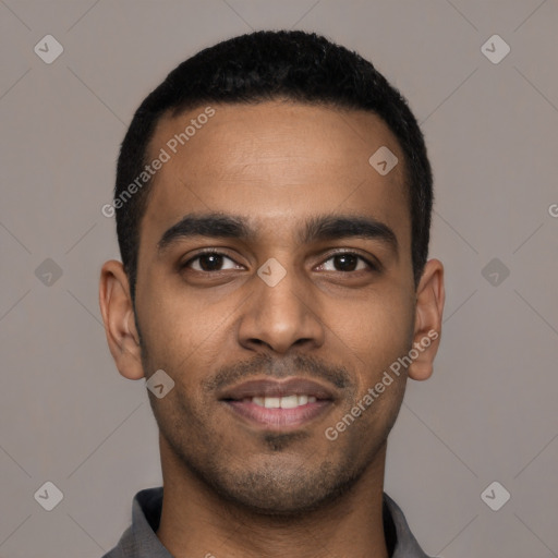 Joyful latino young-adult male with short  black hair and brown eyes