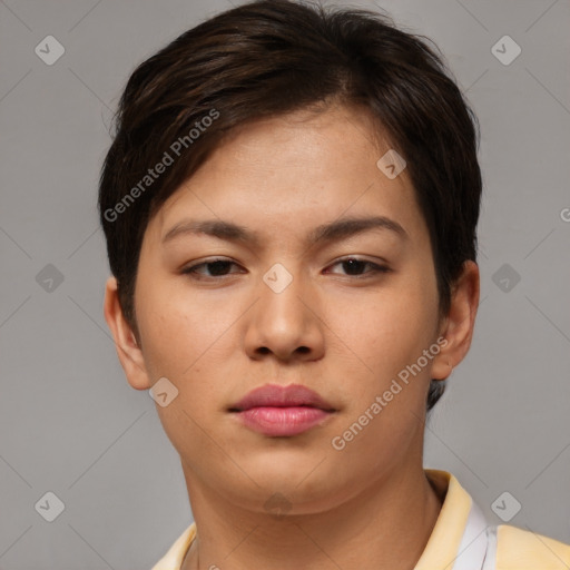 Neutral asian young-adult female with short  brown hair and brown eyes