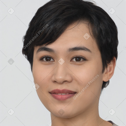 Joyful asian young-adult female with short  black hair and brown eyes