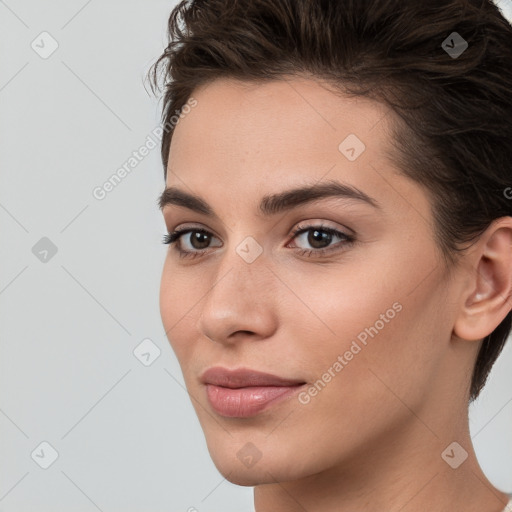 Neutral white young-adult female with medium  brown hair and brown eyes