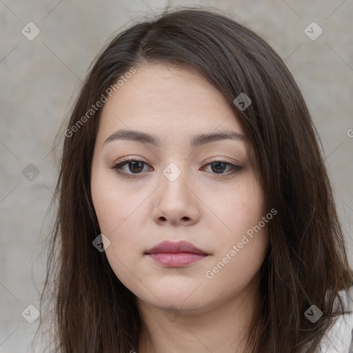 Neutral white young-adult female with long  brown hair and brown eyes