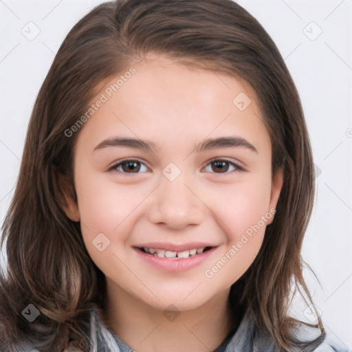 Joyful white child female with medium  brown hair and brown eyes