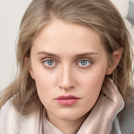 Neutral white young-adult female with medium  brown hair and grey eyes