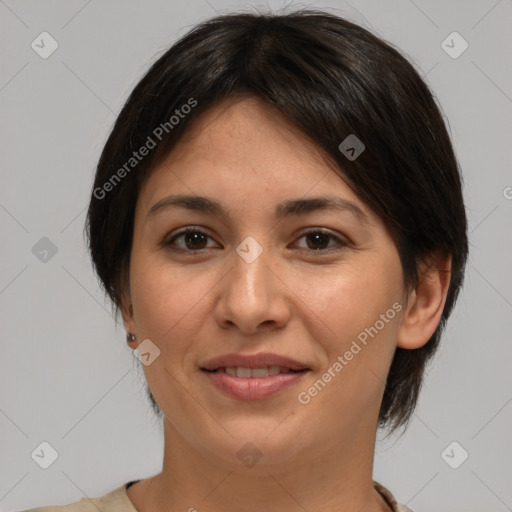 Joyful white adult female with medium  brown hair and brown eyes