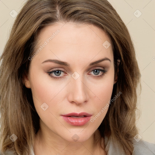 Neutral white young-adult female with long  brown hair and brown eyes