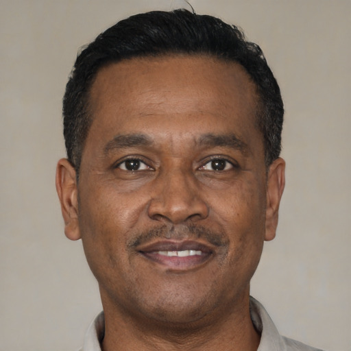 Joyful latino adult male with short  black hair and brown eyes
