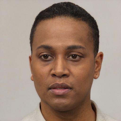Neutral black young-adult male with short  black hair and brown eyes