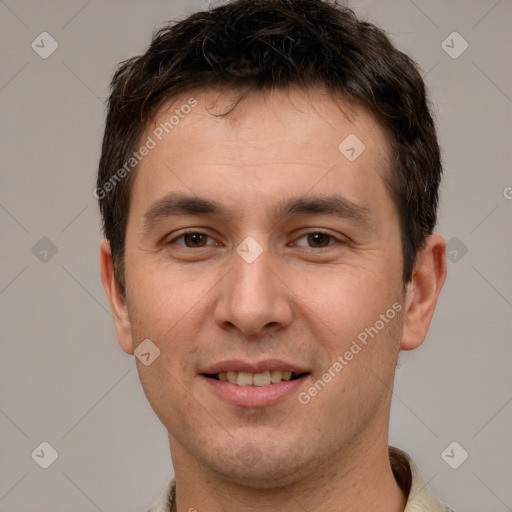 Joyful white young-adult male with short  brown hair and brown eyes