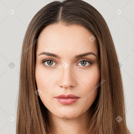 Neutral white young-adult female with long  brown hair and brown eyes