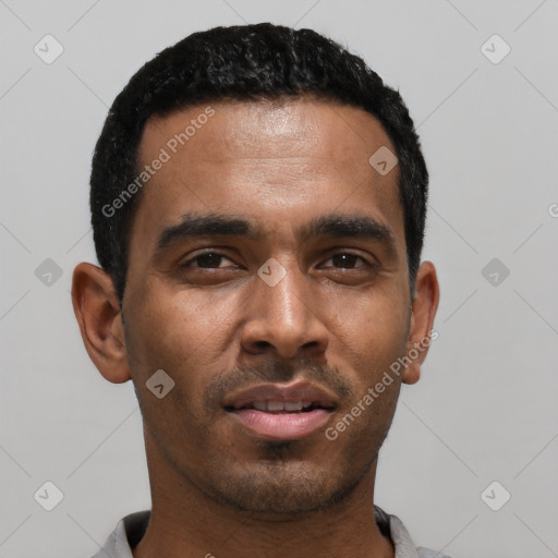 Neutral latino young-adult male with short  black hair and brown eyes