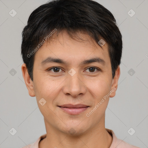 Joyful white young-adult male with short  black hair and brown eyes