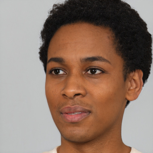 Neutral black young-adult female with short  black hair and brown eyes