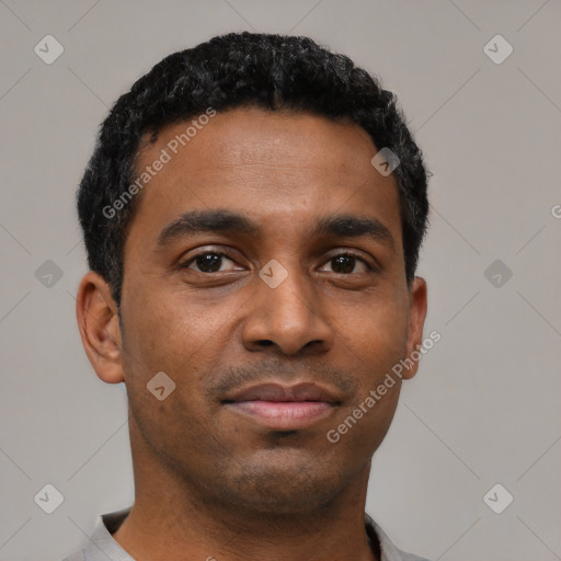 Neutral black young-adult male with short  black hair and brown eyes