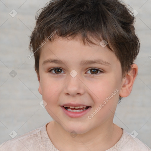 Joyful white child male with short  brown hair and brown eyes