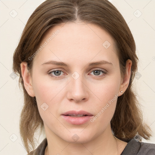 Neutral white young-adult female with medium  brown hair and grey eyes