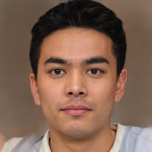 Neutral asian young-adult male with short  black hair and brown eyes