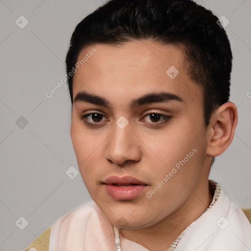 Neutral white young-adult male with short  black hair and brown eyes