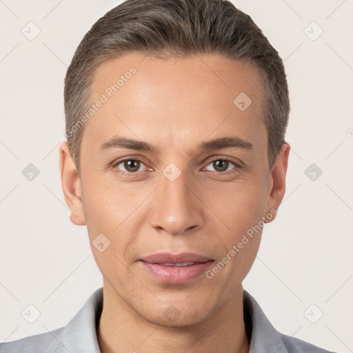 Joyful white young-adult male with short  brown hair and brown eyes