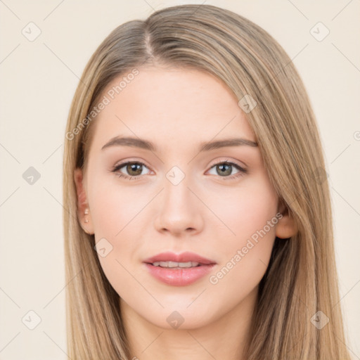 Neutral white young-adult female with long  brown hair and brown eyes