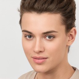 Neutral white young-adult female with short  brown hair and brown eyes