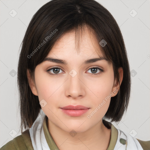 Neutral white young-adult female with medium  brown hair and brown eyes