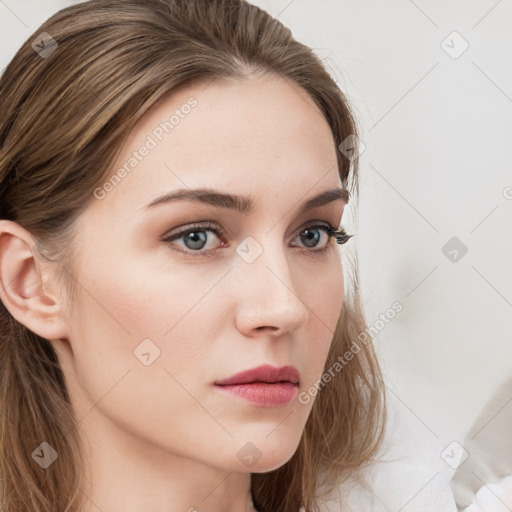 Neutral white young-adult female with long  brown hair and grey eyes