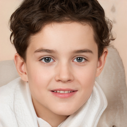 Joyful white child female with short  brown hair and brown eyes